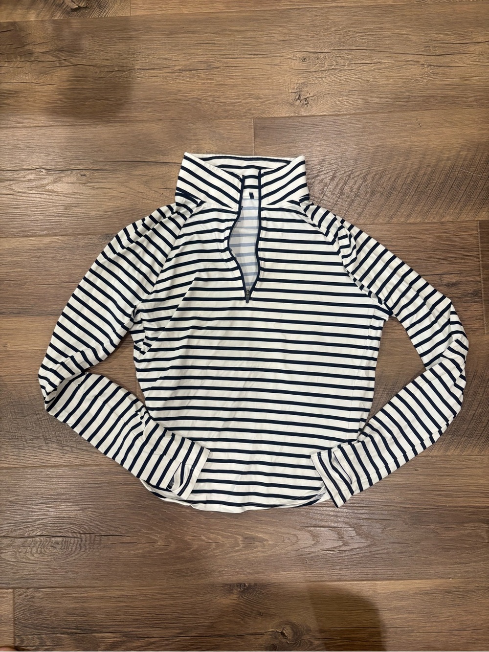Lands' End Navy & White Striped Quarter-Zip Mock Neck Rash Guard